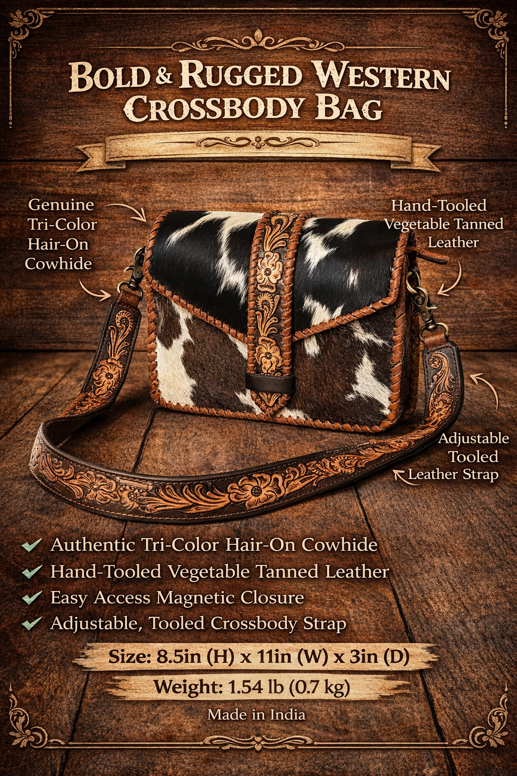 Hair-on cowhide crossbody bag with tooled leather strap and trim