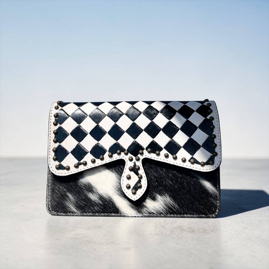 Alia checker tooled leather & cowhide crossbody bag