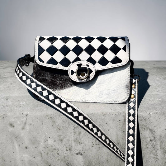 Checker tooled leather & cowhide crossbody bag 