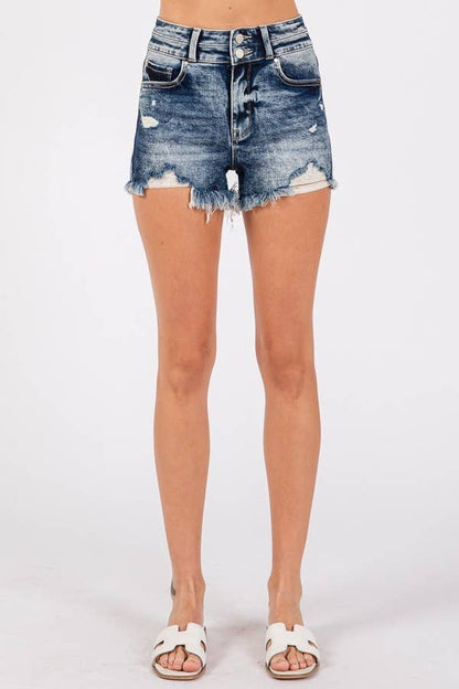 HIGH RISE STRETCH SHORTS W/ FRAYED HEM