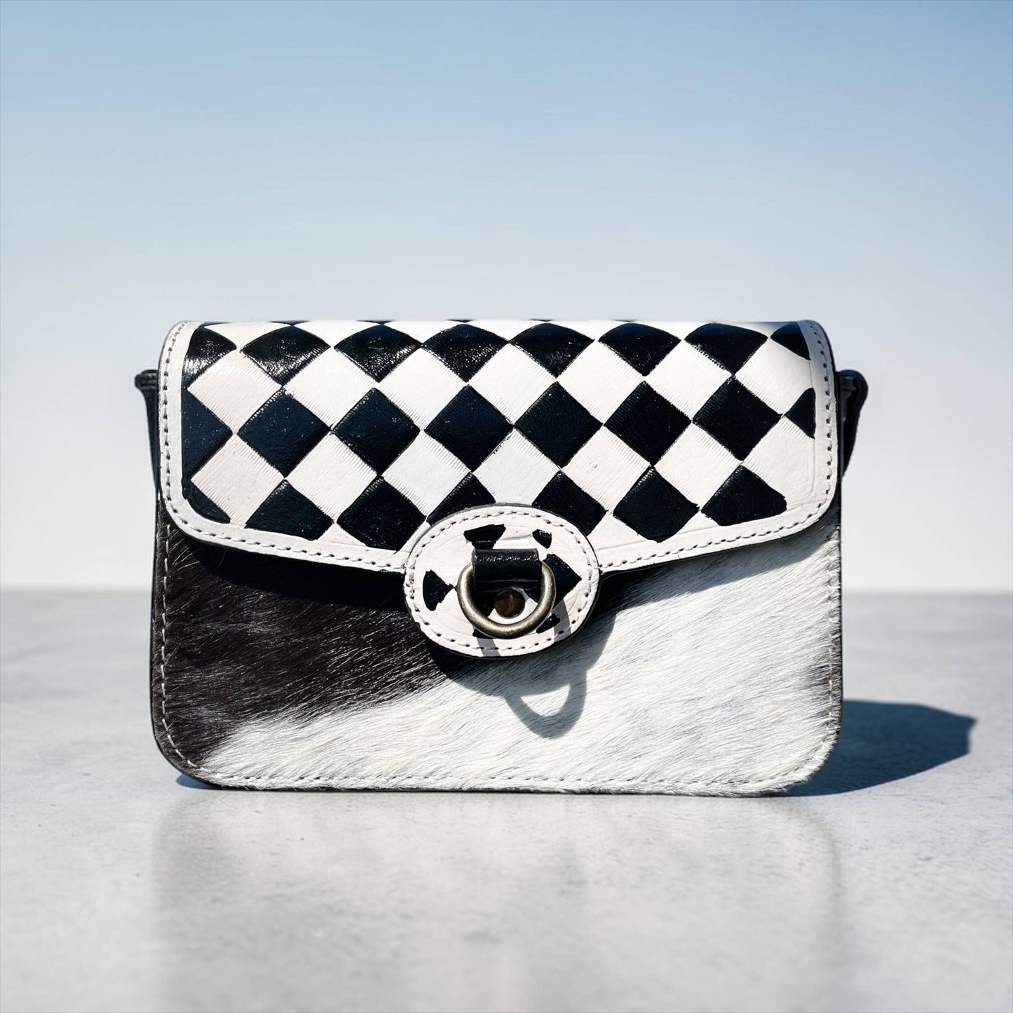 Checker tooled leather & cowhide crossbody bag 
