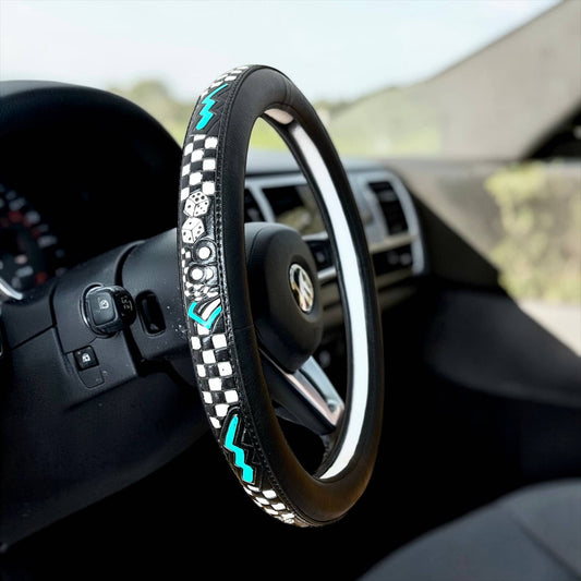 Checker tooled leather steering wheel cover 