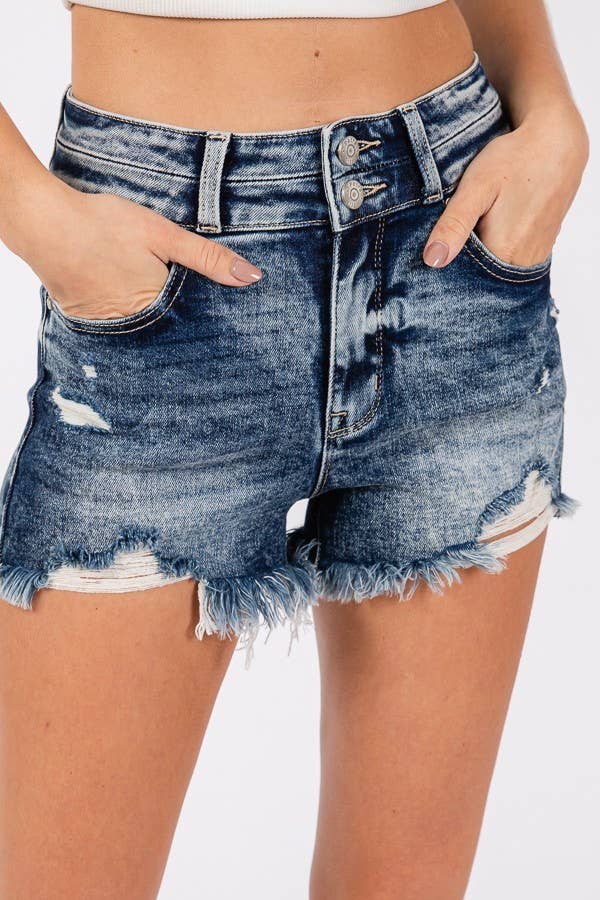 HIGH RISE STRETCH SHORTS W/ FRAYED HEM