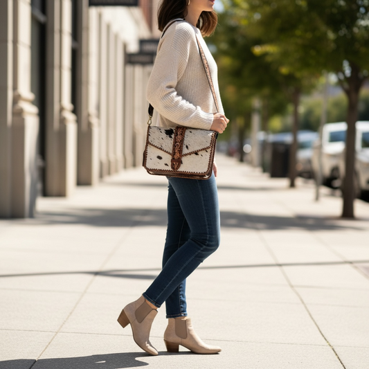Hair-on cowhide crossbody bag with tooled leather strap and trim