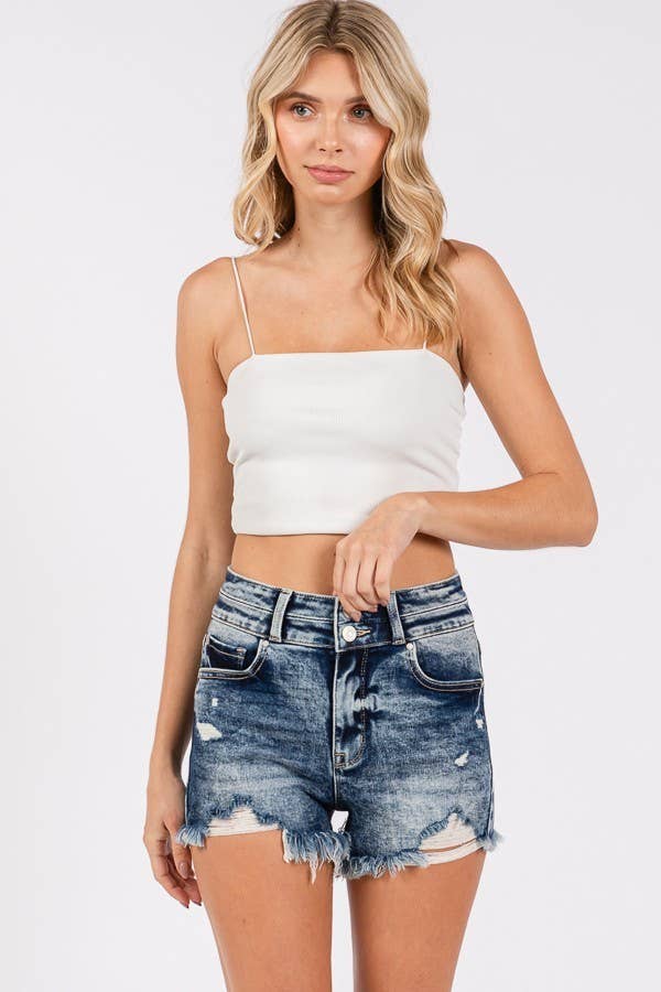 HIGH RISE STRETCH SHORTS W/ FRAYED HEM
