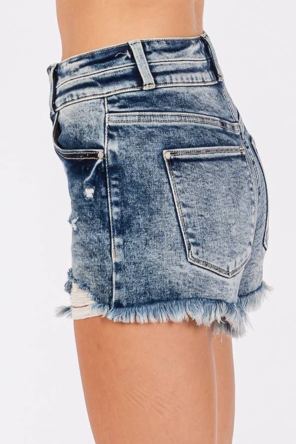 HIGH RISE STRETCH SHORTS W/ FRAYED HEM