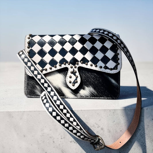 Alia checker tooled leather & cowhide crossbody bag 
